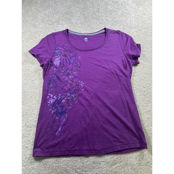 SB Active Shirt Womens Large Purple Floral Graphic Short Sleeve Lightweight Tee - Picture 1 of 9
